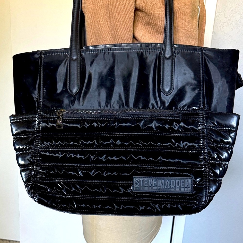 Steve Madden Glossy Iridescent Puffy Black Shoulder Tote Bag Purse